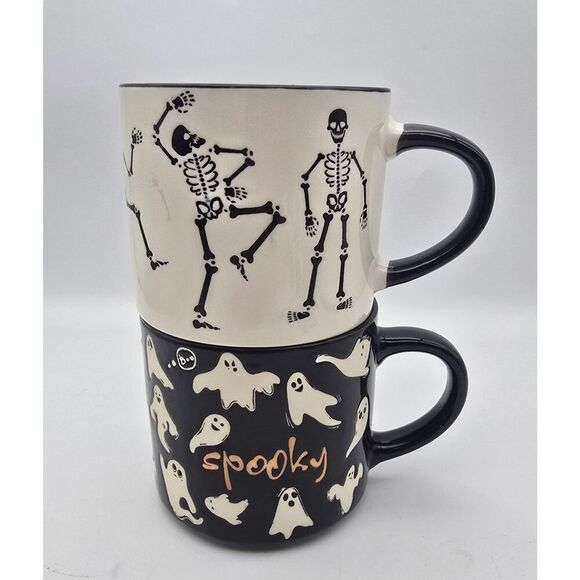 2~ Halloween “Spooky” Ghost Black 15oz & Dancing Skeletons Coffee / Tea Mug NEW - Picture 1 of 16